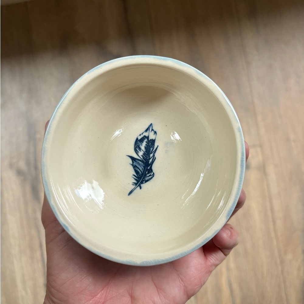 Hand Thrown Art Pottery Bowl Blue Feather Studio Clay Dish Rustic Handmade - Picture 11 of 12